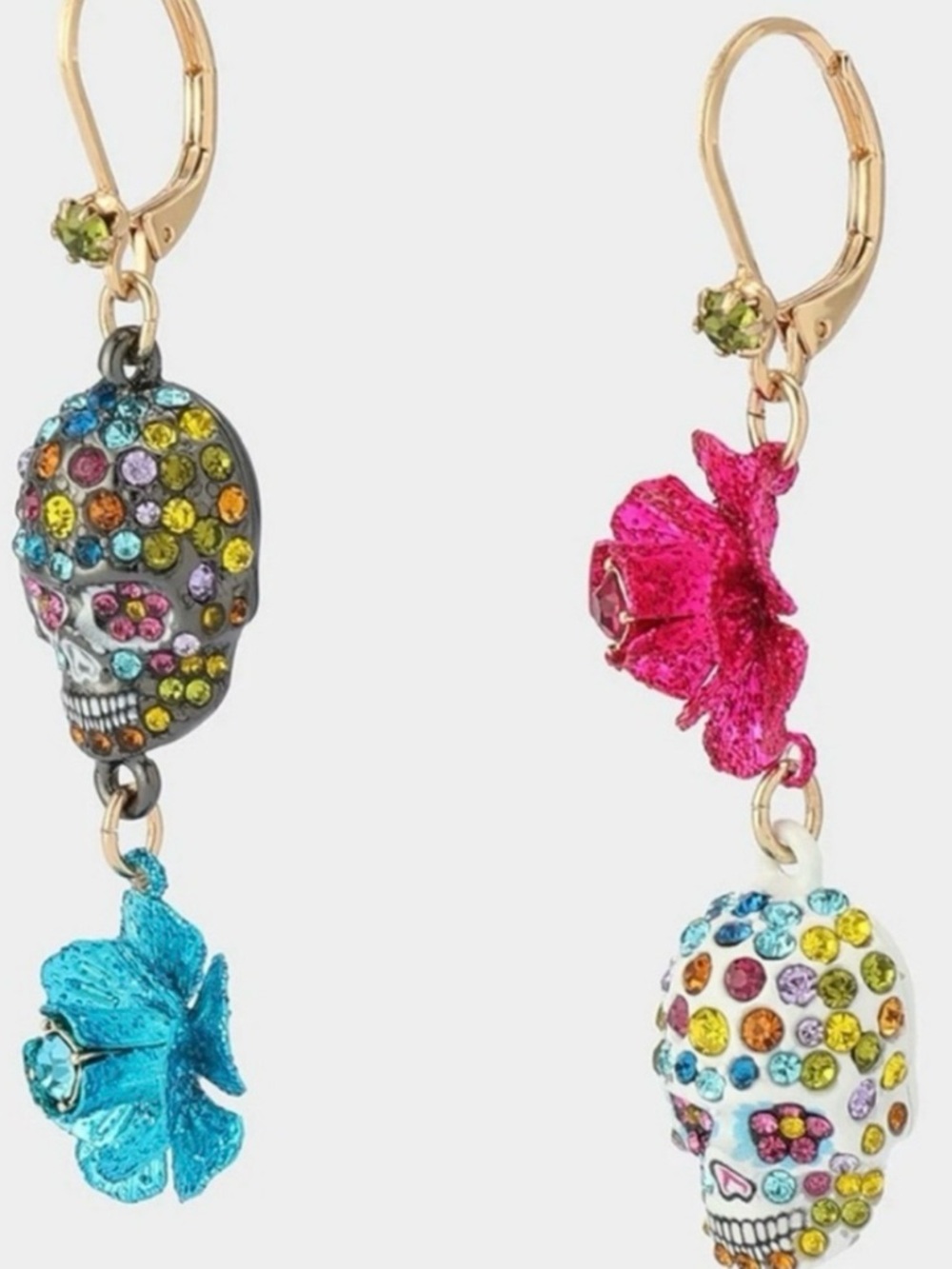 NIB Betsey Johnson Faux Stone Sugar Skull Flower Mismatch Earrings - Picture 5 of 6